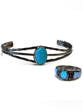 Southwestern stamped 925 opal cuff bracelet and ring set